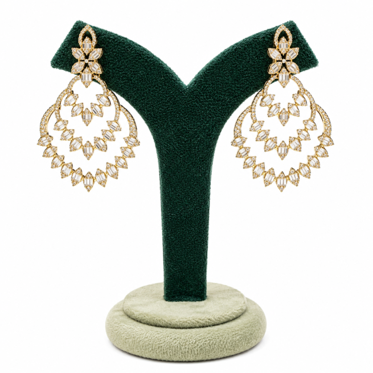 Gold-plated American Diamond chandelier earrings with floral stud, marquise and baguette-cut stones, perfect for bridal, wedding, party, and festive wear.