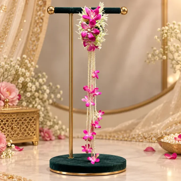 Pink floral bridal kalira with pearl strands
