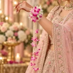 Pink floral bridal kalira with pearl strands